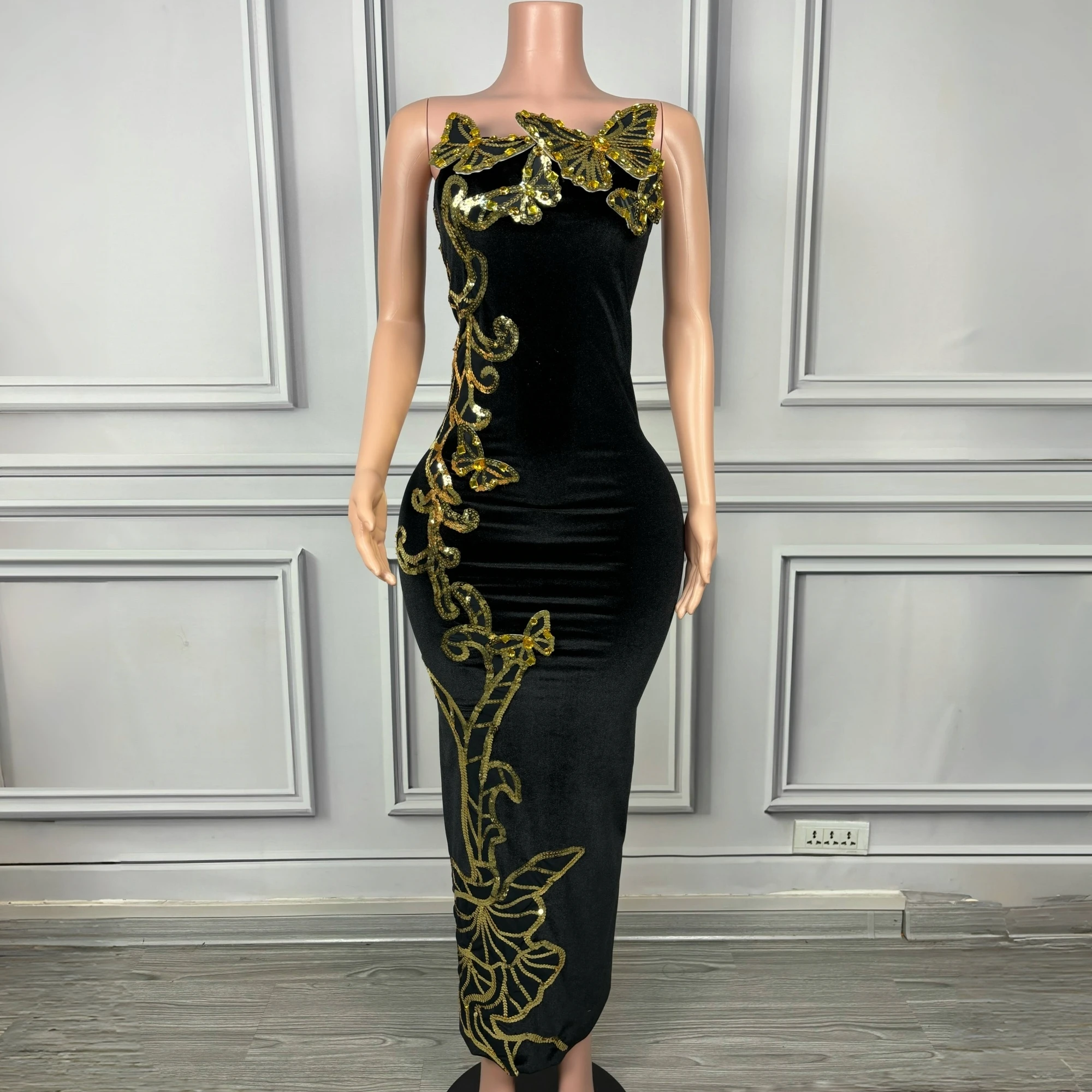 

Sequine Butterfly Appliques Strapless Sexy Velour Sheath Dress Evening Party Performance Costume Bar Nightclub Singer Stage Wear