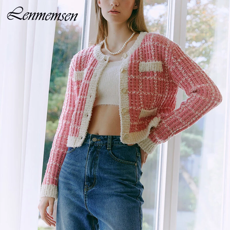 

Lenmemsen Elegant Plaid Knitted Cardigan Women Winter Cropped O-neck Long Sleeve Sweater Female Fashion Soft Streetwear Knitwear