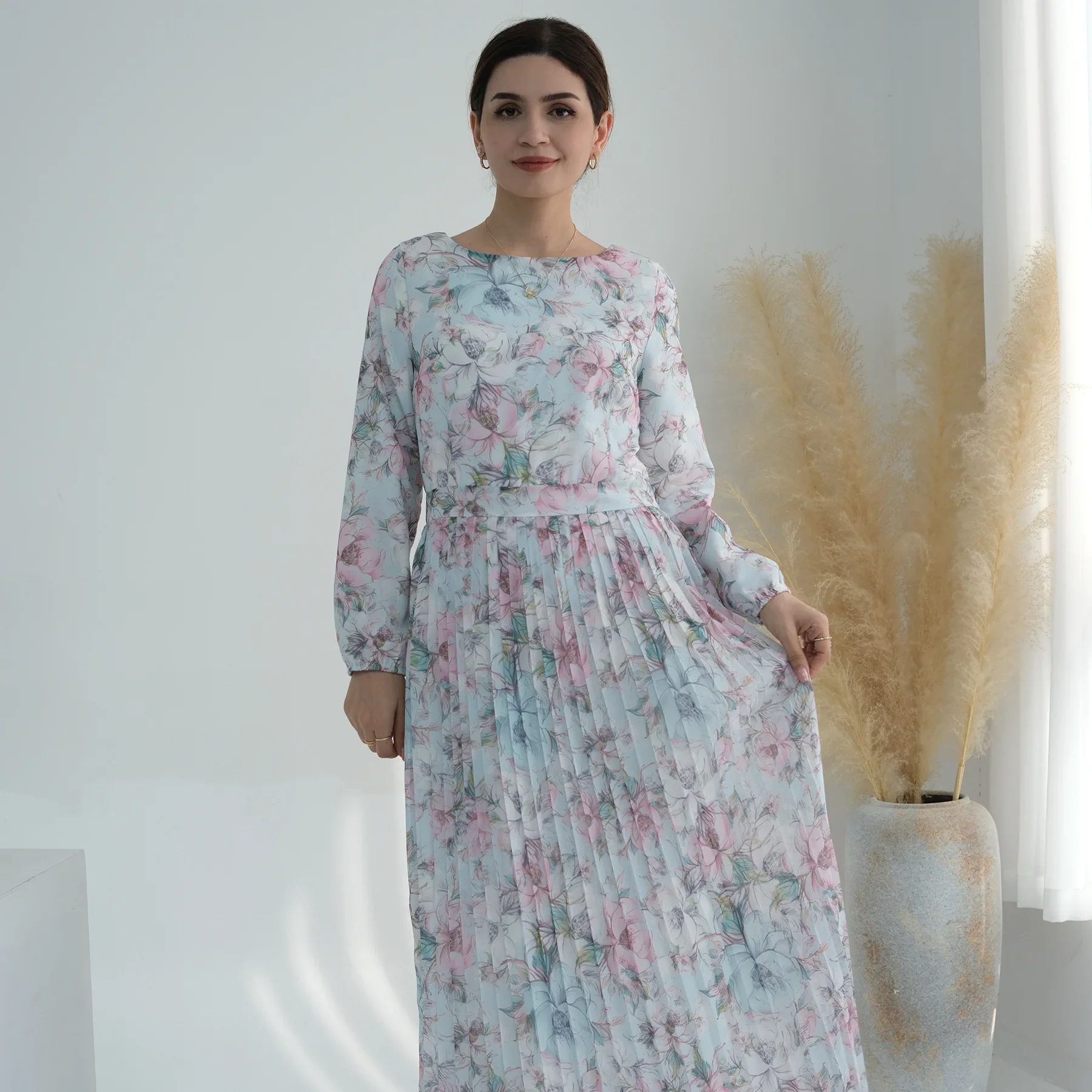 Muslim Dress Abaya Dubai Luxury Fashion Chiffon Floral Pleated Party Long Dresses for Women Islamic Clothing Kaftan Hijab Robe