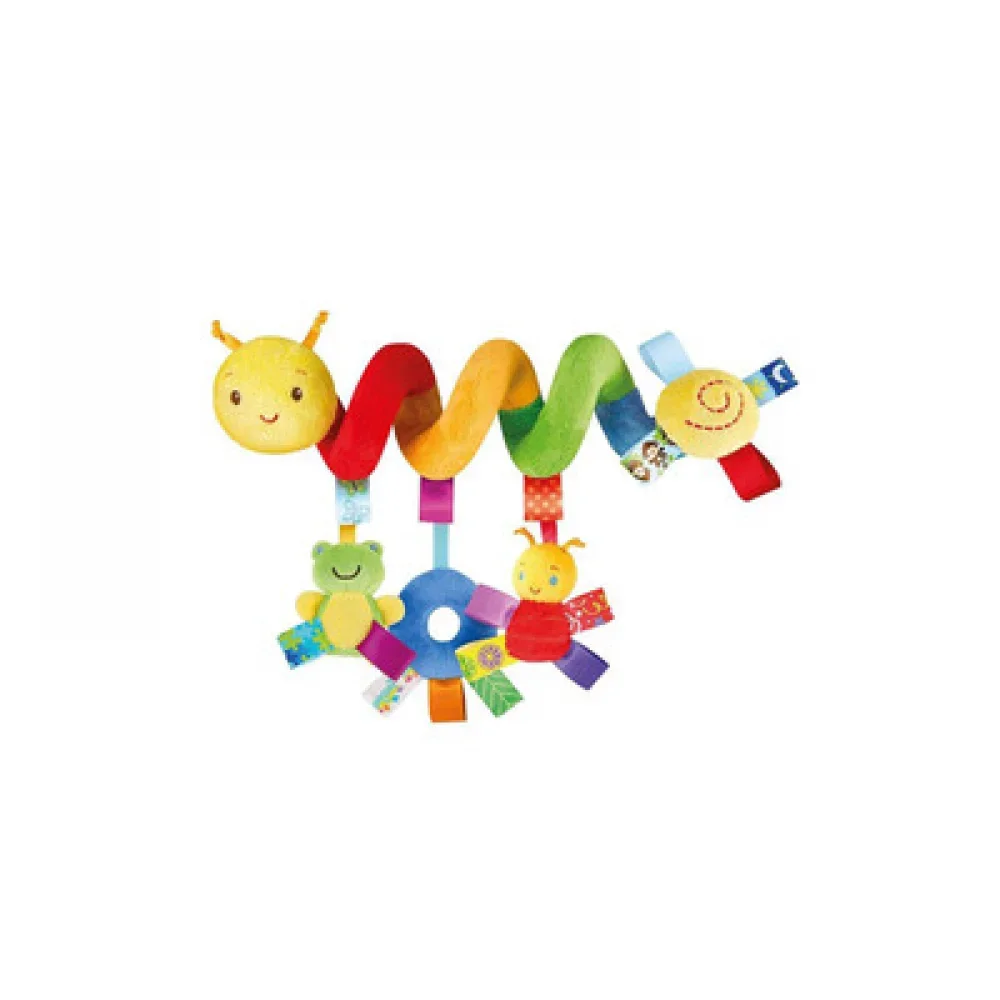 colorful plush toy attached to crib for baby play