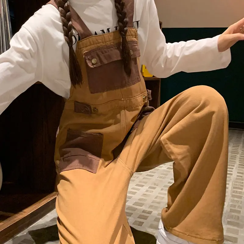 Overalls Cowboy Colorblock Design With Multiple Pockets Retro Casual Pants College Style Loose Brown Color Overalls Salopettes