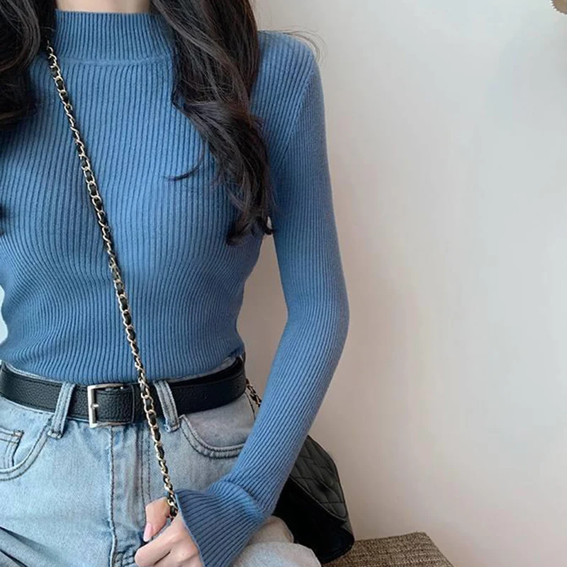 Rimocy Spring Autumn Knitted Sweaters Women 2022 Long Sleeve Basic Primer Pullovers Woman Korean Solid Color Slim-fit Pull Femme striped sweater Sweaters