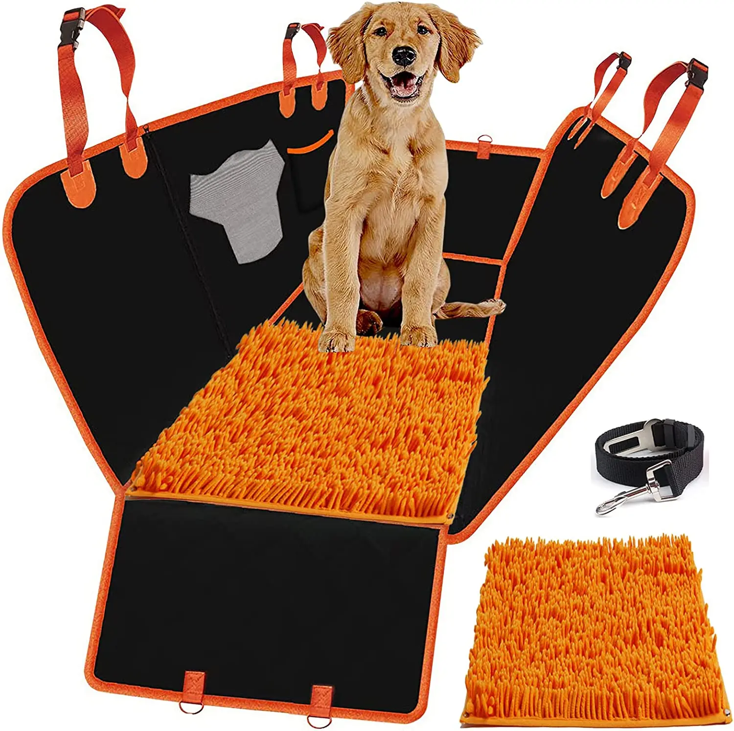 

Dog Car Seat Cover with Snuffle Mat Car Hammock for Dogs Waterproof Nonslip Car Pet Seat Cover with Mesh Window Multiple Pocket