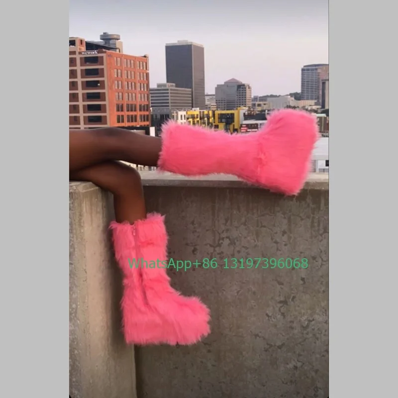 

Женские ярко-розовые Дизайнерские Сапоги до колена на меху и платформе, фуксия, ботинки с молнией сбоку и перьями, удобные привлекательные сапоги, размер 46