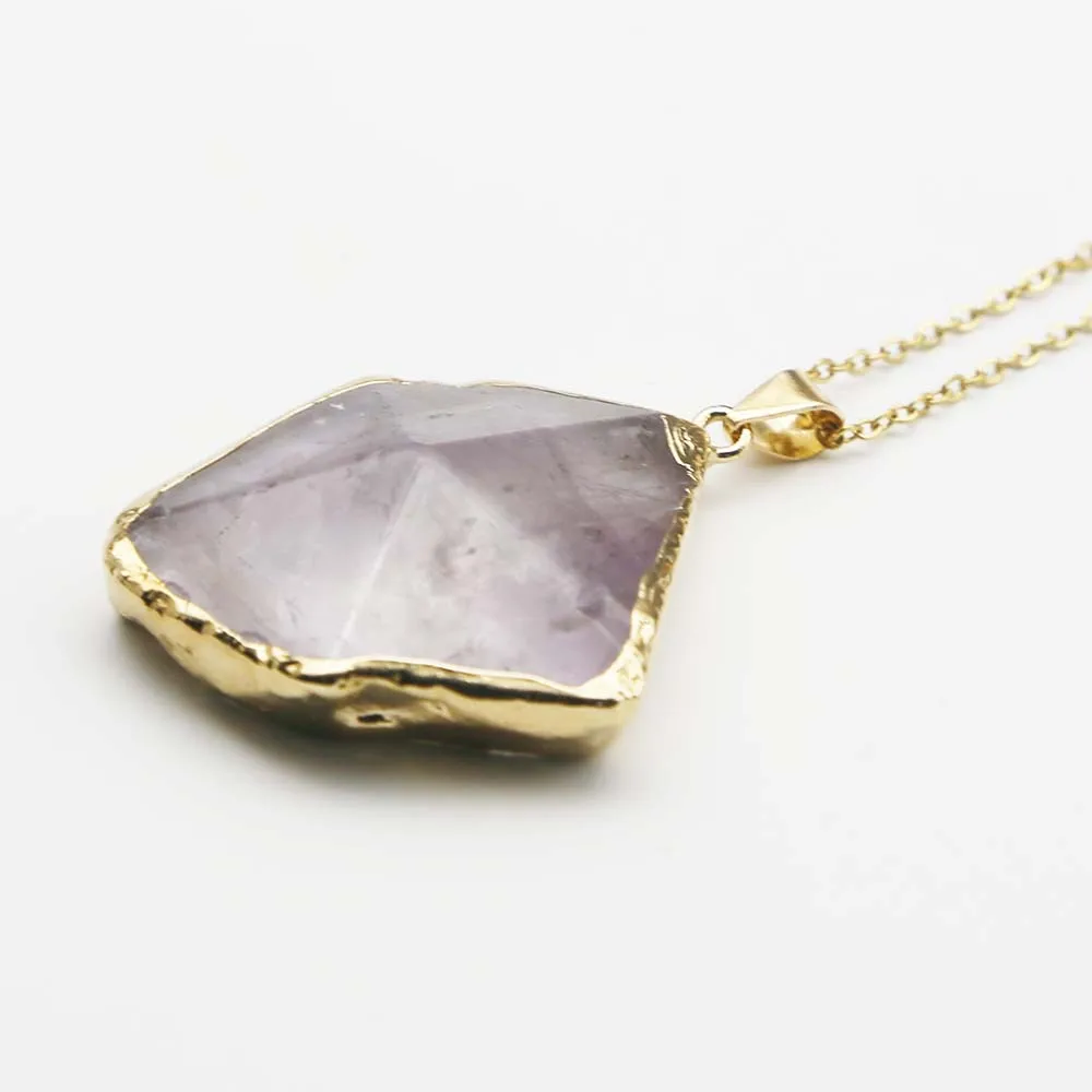 Quality Natural Amethyst Irregular Gold Plated Edge Necklace Pendant Stainless Steel Gold Chain Fashion Charms Jewelry Gift 4Pcs