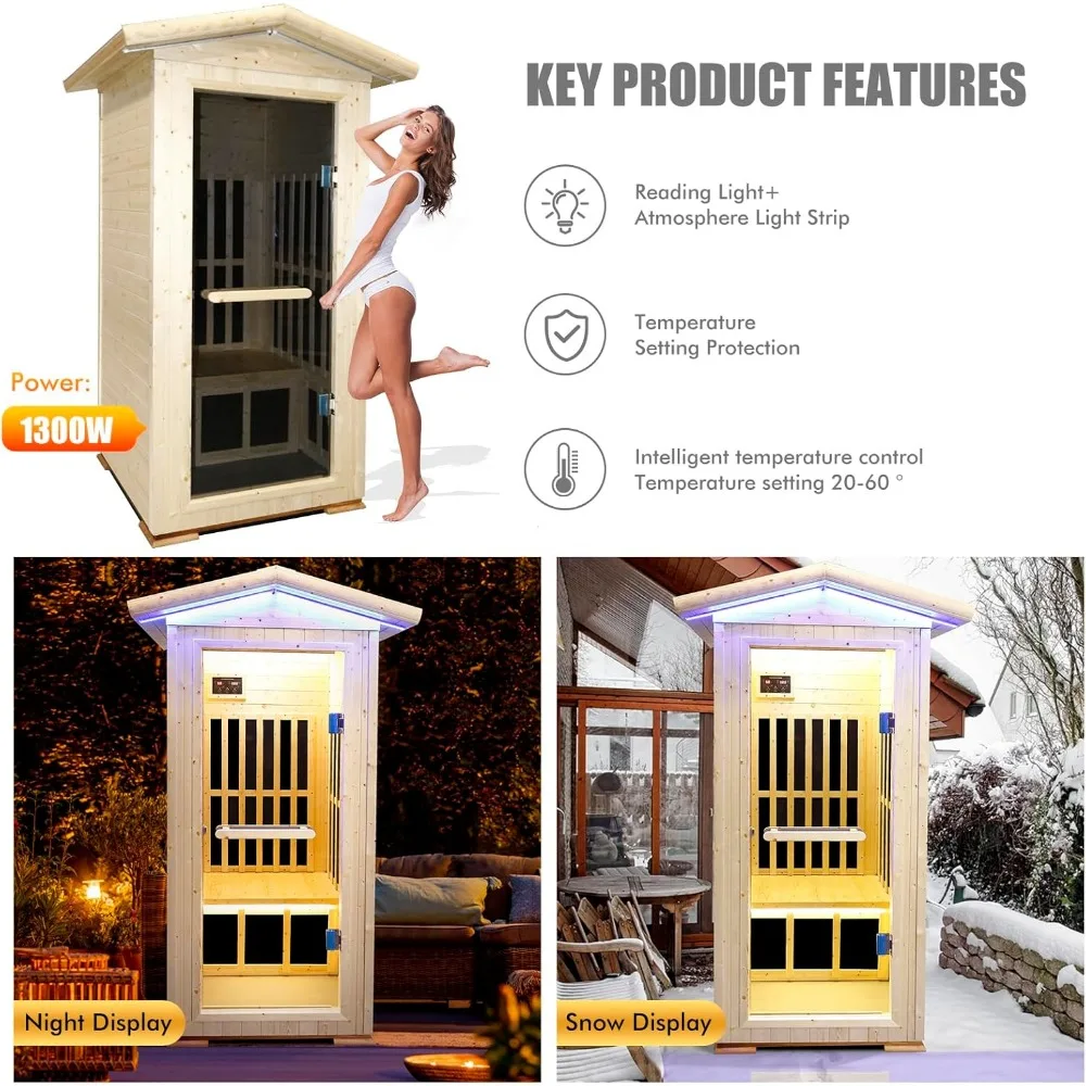 Outdoor Sauna Wooden Far Infrared Saunas Spa 1300W Low-EMF Dry Sauna Room for One Person Finland Spruce Wood 3