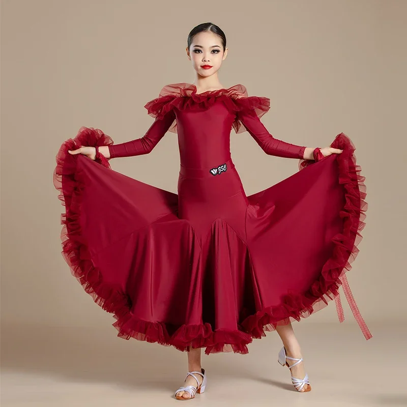 New Modern Dance Skirts National Standard Child Ballroom Dance Waltz Social Long Dresses Competition Performance Costume