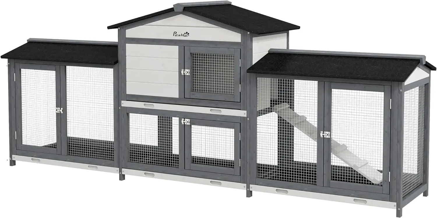 

Wooden Rabbit Hutch Bunny Cage Pet Playpen House Enclosure with Double Side Run Boxes, No Leak Tray,Light Gray