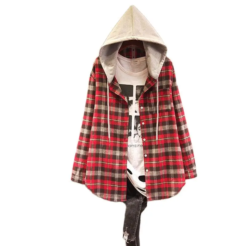 

Модная клетчатая рубашка с капюшоном, женская блузка, топы, средней длины, с начесом, в стиле ретро, новинка 2023, весна-осень, Корейская Повседневная рубашка, Женское пальто