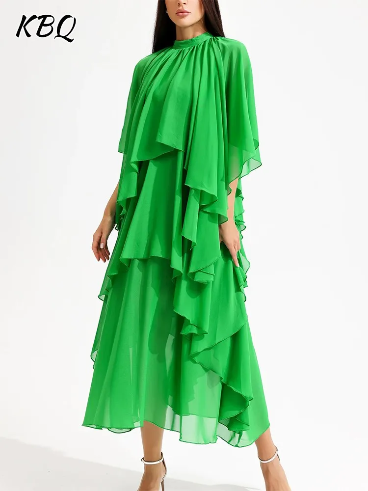 

KBQ Patchwork Ruffles Elegant Dress For Women Round Neck Short Sleeve High Waist Sheer Mesh Solid Loose Ruched Dresses Female