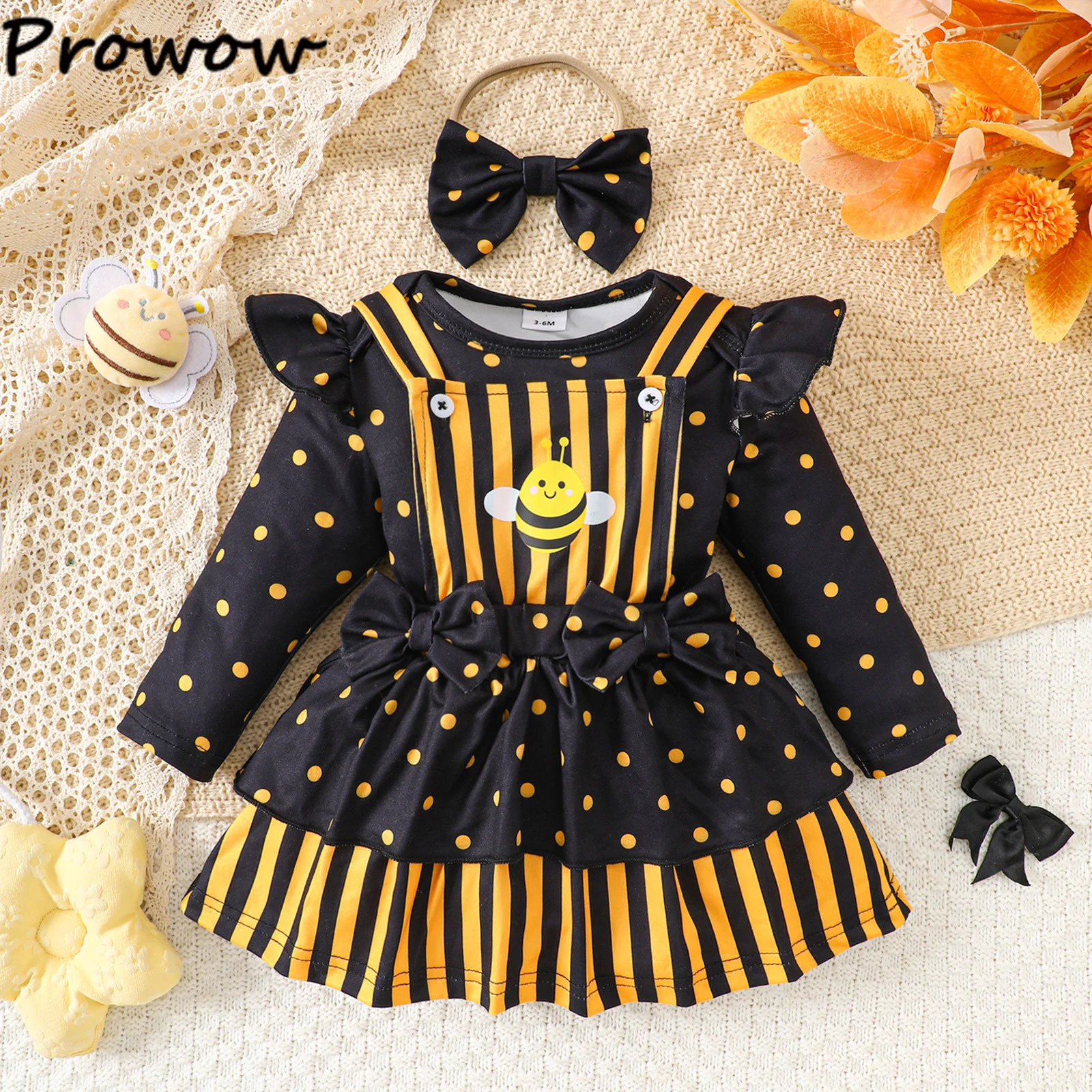  소녀 노란색 꿀벌 의상 세트 노란색 줄무늬 바디 슈트와 꿀벌 메쉬 서스펜더 드레스 + 머리 장식 를위한 3 피스 세트