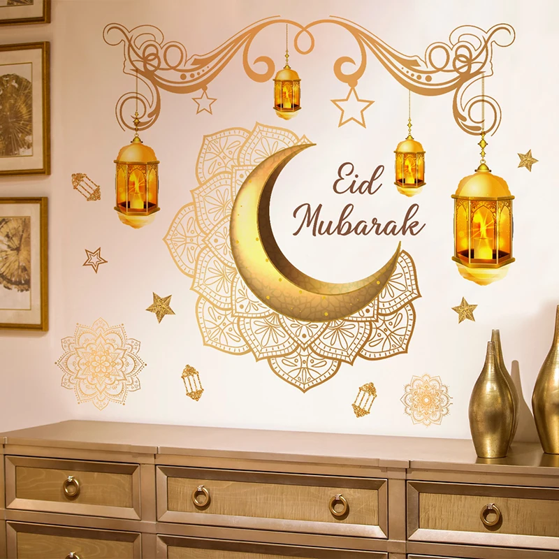 2024 Ramadan Kareem Wall Stickers Moon Star Lantern Wall Decal Eid Mubarak Decorations for Home Muslim Islamic Window Sticker