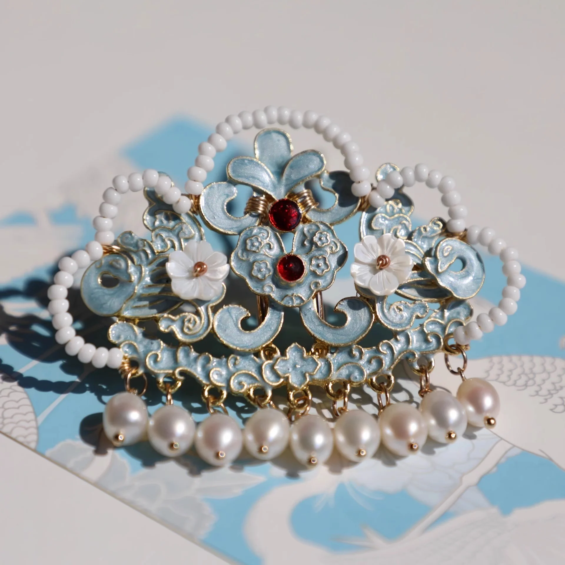 Kleine, hellblaue Haarkrone mit Perlen-Haarspange, Entenschnabel-Haarspange, Hanfu-Haarschmuck, Kopfbedeckung im antiken Stil_voghion.com