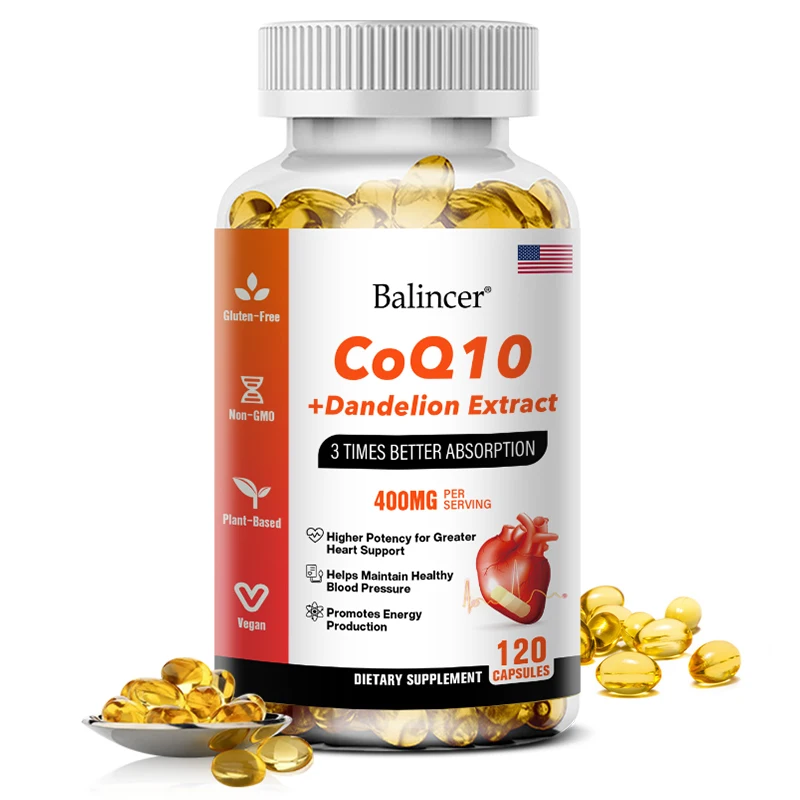 CoQ10 400 mg, Ubiquinone Supplement-Advanced 3x Absorption, 120 Veggie CapsulesCoenzyme Q10 + Dandelion Heart Supplement