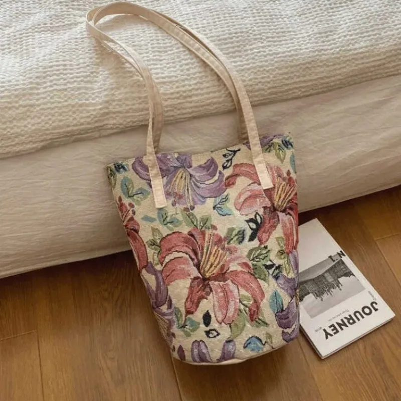 Women's Vintage Bucket Tote Bags Large Capacity Premium Commuter Shoulder Bag Floral Printed Handbag  with Small Zipper Pouch
