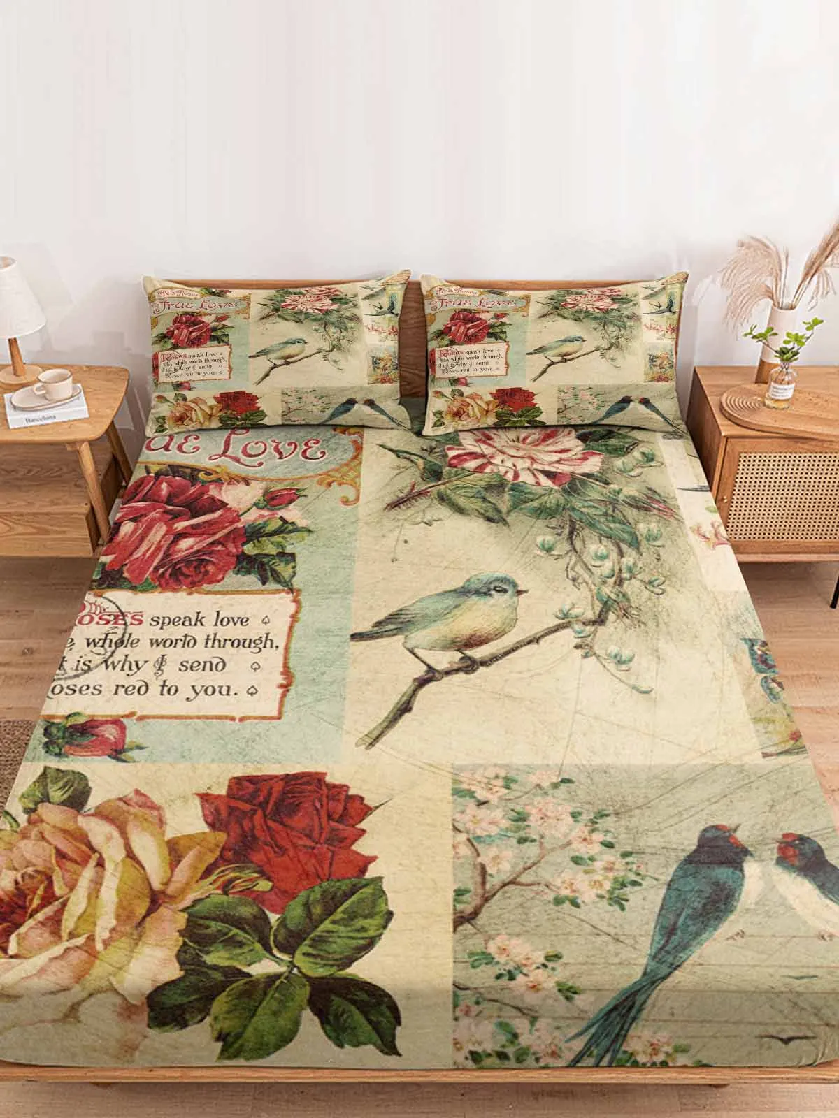 

Flower Red Retro Birdie Room Fitted Bed Sheet Cover Elastic Band Anti-slip Mattress Protector for Single Double King