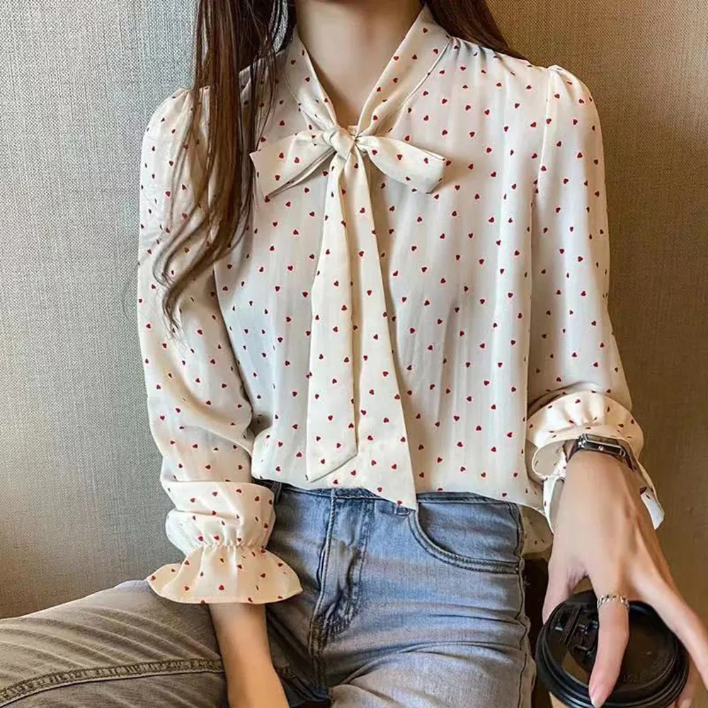

New Spring Autumn Heart Printed Blouses Female Fashion Office Lady Bow Chiffon Shirts Women Clothing Long Sleeve Pullover Top