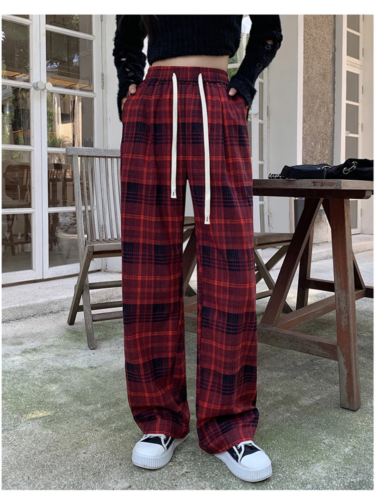 

Women's Red Checkered Pattern Drawstring Elastic Waist Sweatpants Spring Autumn Sports Style Thin Pants Female Straight Trousers