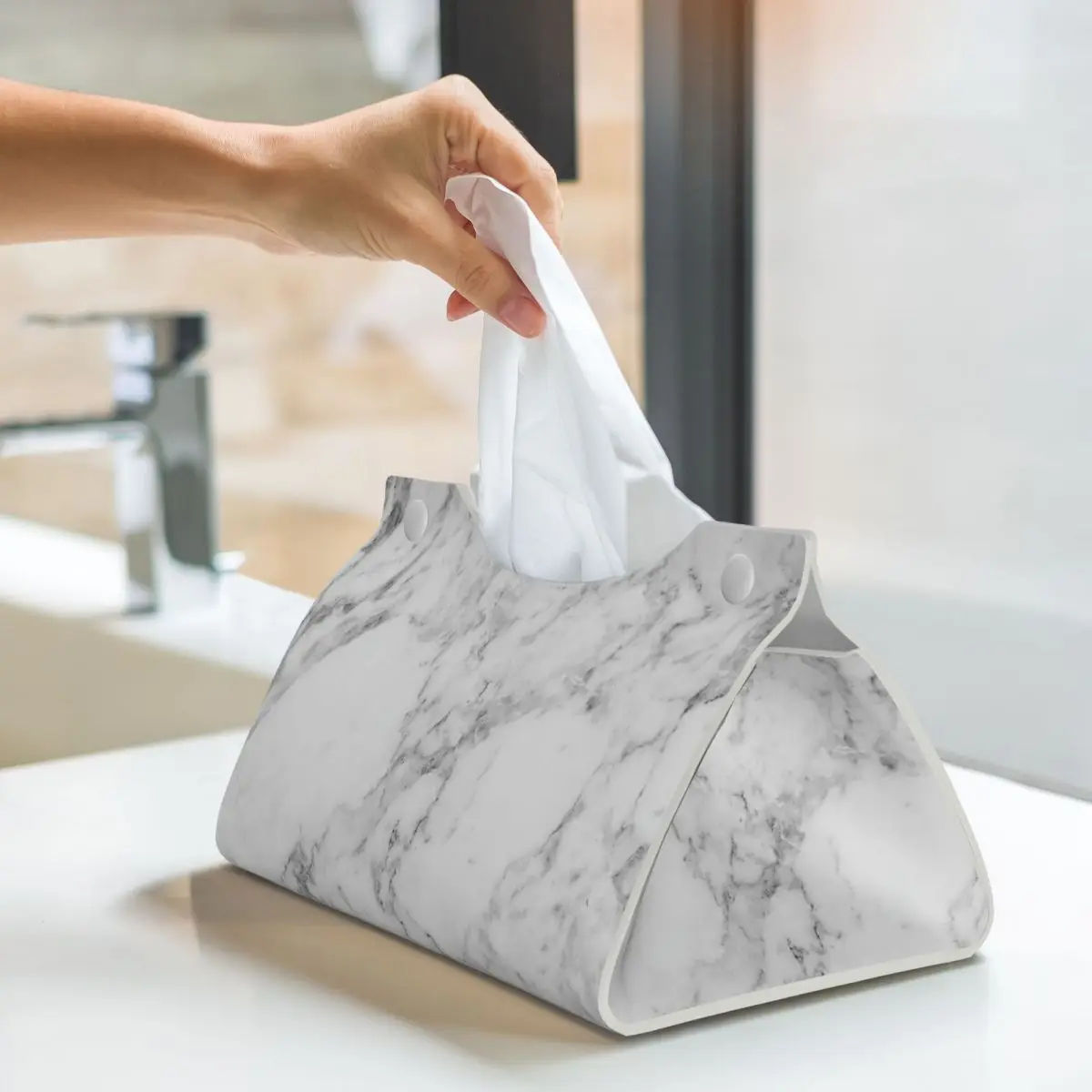 Custom White Gray Marble Pattern Tissue Box Holder Rectangular PU Leather Facial Tissue Box Cover for Car Office 6