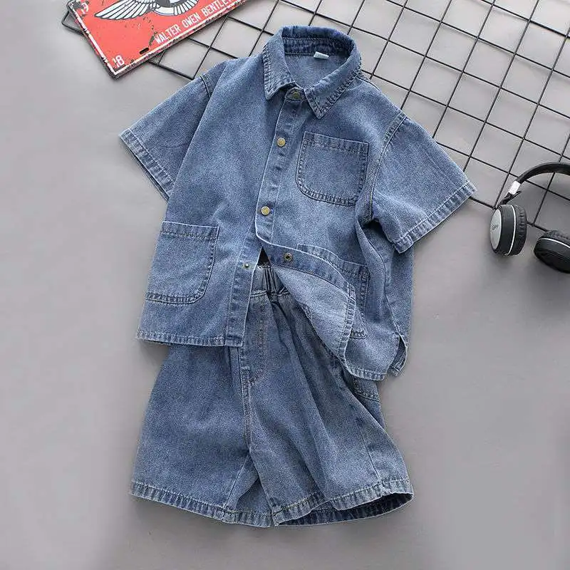 baby clothing set red	 Boys and girls short-sleeved denim shirts cardigan tops children's suits summer baby girl shorts suits fashion two-piece suit baby clothes in sets	