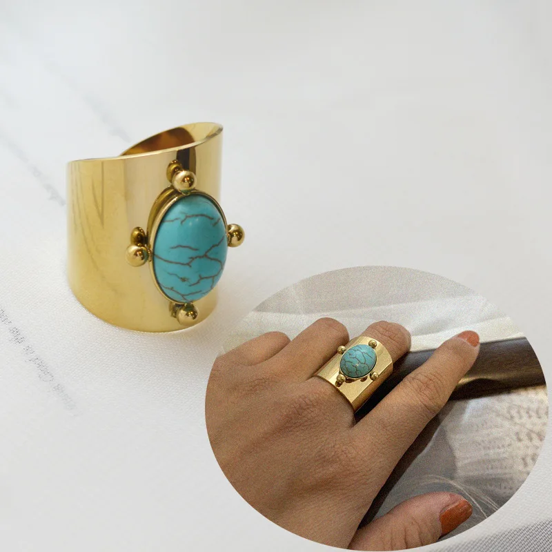 Bohemian Rings Stone Rings Fashion Rings Gold Rings Stainless Steel Rings Finger Rings Metal Rings Fashion Ring Creative Gold Plated Stainless Steel Rings for Women Simple Geometric Round Natural Stone Finger Ring Boho Vintage Jewelry Gift