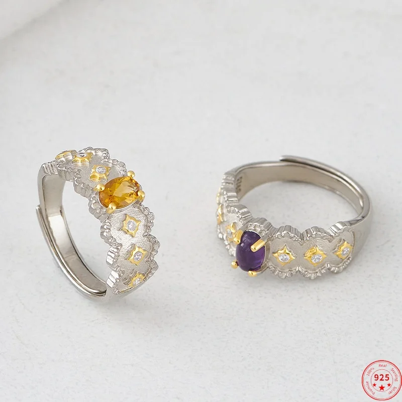 

S925 Sterling Silver Charms Rings for Women New Contrast Colored Palace Style Lace Pattern Amethyst Yellow Crystal Free Shipping