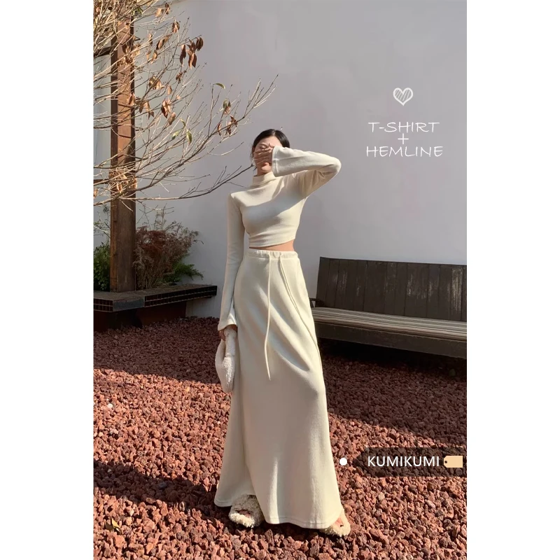 Knitting T-shirt Skirt Set Women's Half High Neck Long Sleeved T-shirt Autumn High Waist Drawstring Dress Two Piece Set