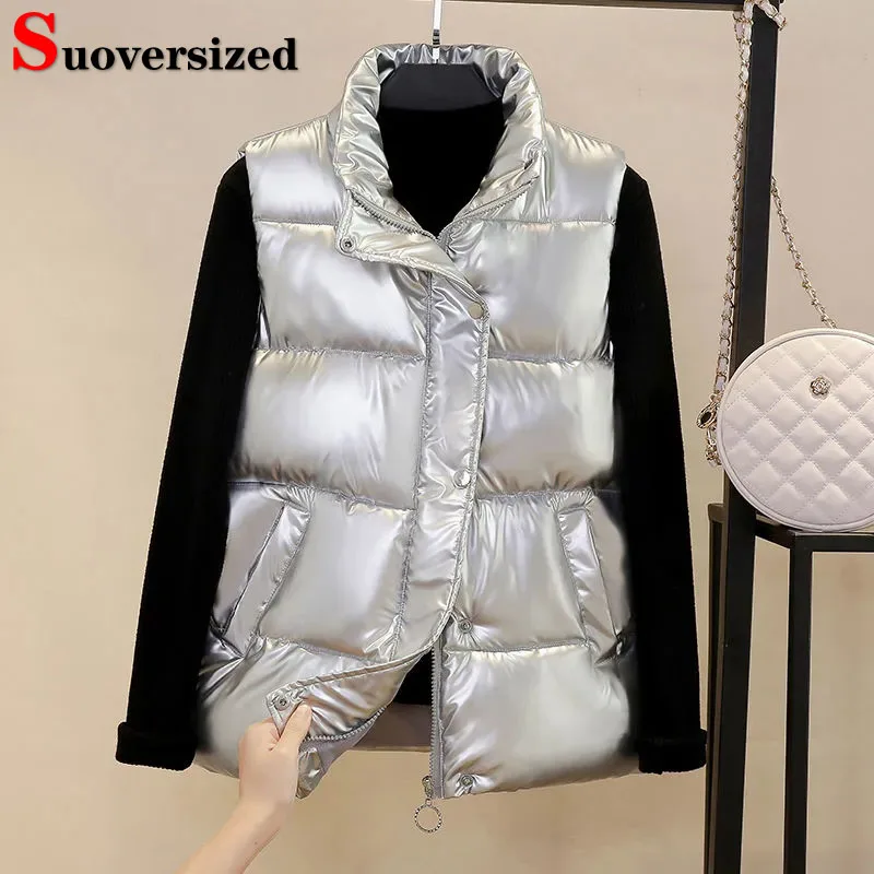 

Loose Women Winter Glossy Waistcoat Casual Korean Stand Collar Short Cotton Vests Fashion Mujer 2023 New Sleeveless Jackets