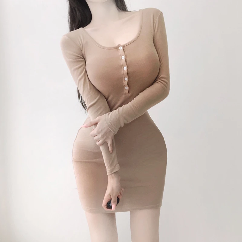 

Mini Dresses Women Spring New Fashion U Neck Solid Basic Sheath Casual Roupas Femininas High Waist Button Sexy Vestidos De Mujer