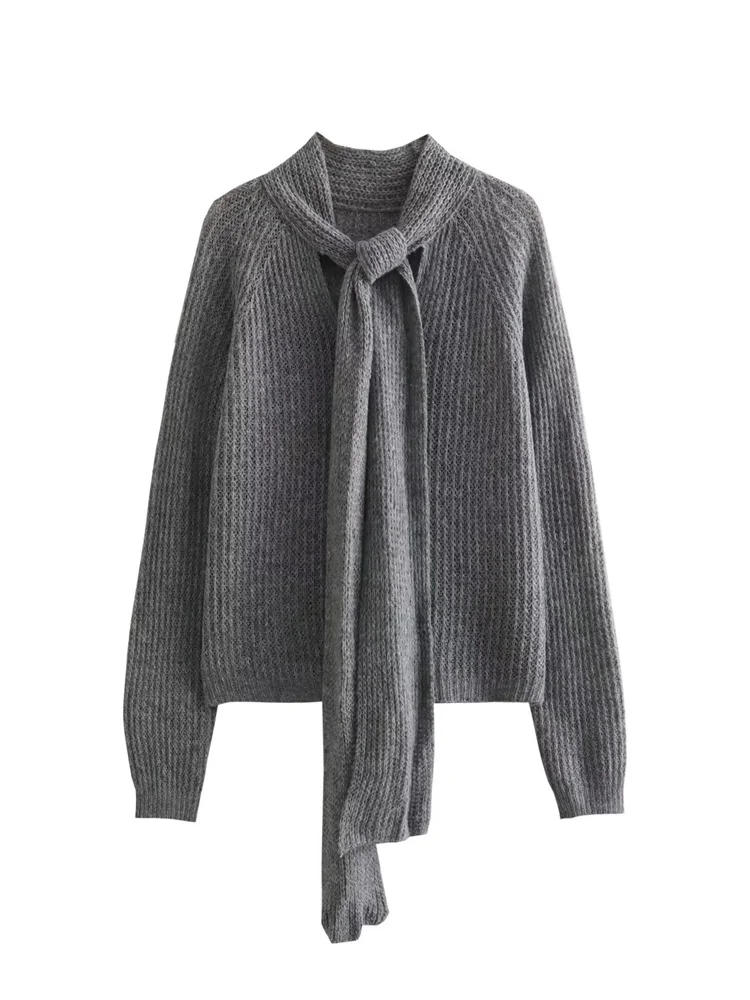 

MESTTRAF Women 2023 Y2k Sweet Bow Tie Sweaters For Ladies Leisure Long Sleeve Hollow Up Knit Sweaters Elegant Knitwear Pullover