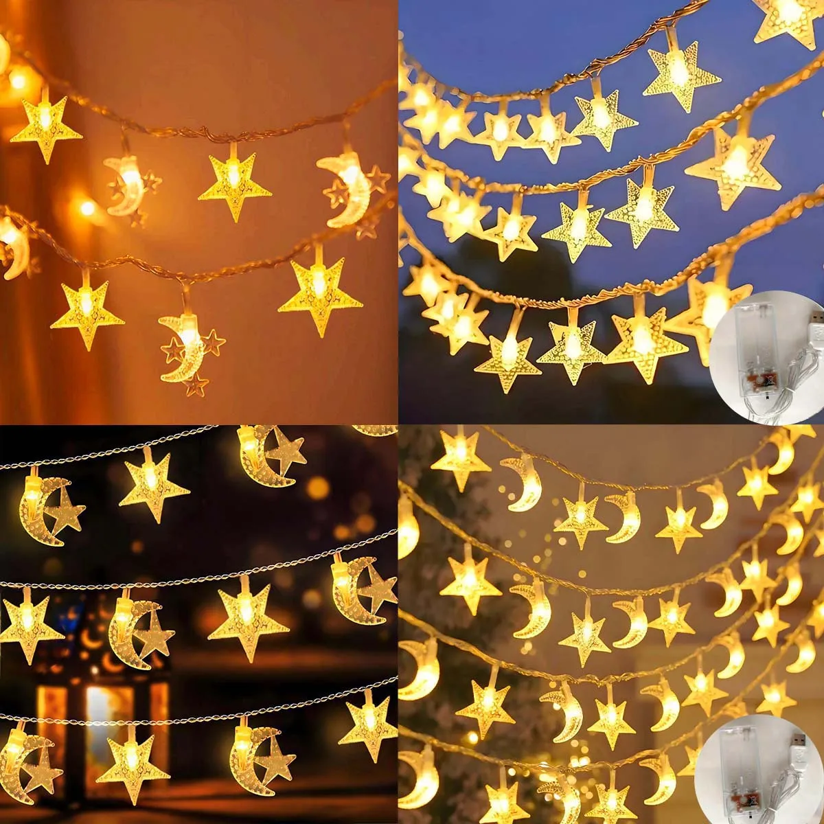 Led String Lights, Various Types of Moon and Star Decorative Lights (USB and Battery Box Powered) Suitable for Holiday Decorations, Birthday and Wedding Atmosphere Decoration, Christmas, and Ramadan Decorations