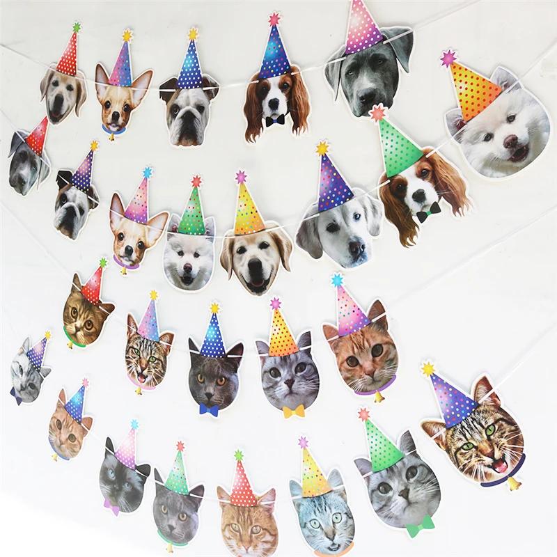 13 Flags Cat Dog Paper Banner Pet Happy Birthday Bunting Garland Decoration Cartoon Animal Dog Cat Theme Birthday Party Banner