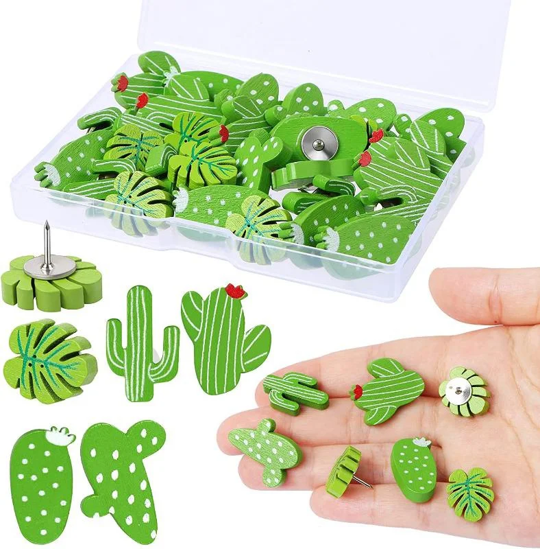 20 Pcs Wooden Plants Cactus Push Pins with Box Decorative Leaf Thumb Tacks for Bulletin Board Photos Wall Office Classroom Decor