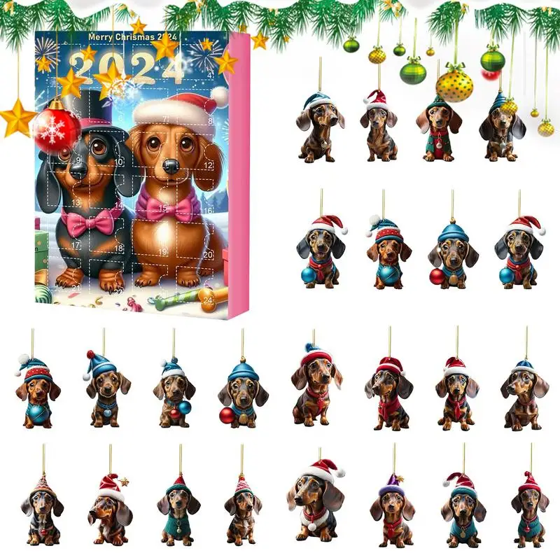 Advent Calendar Dachshunds Christmas Holidays Advent Calendar Collectible Funny Dog Gifts Set 2D Flat Acrylic Pendants