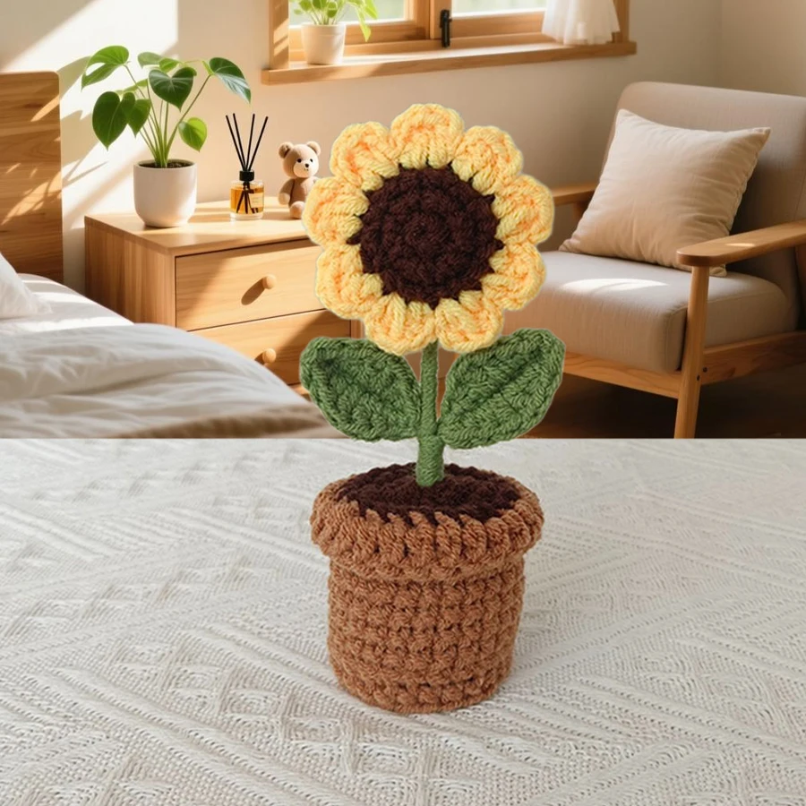 Warm and Cozy Small Ornaments, Hand-Crocheted Sunflower Potted Plants, Window Sill, Desktop, Bedroom, Living Room, Study Room Decoration, Birthday and Valentine's Day Gifts