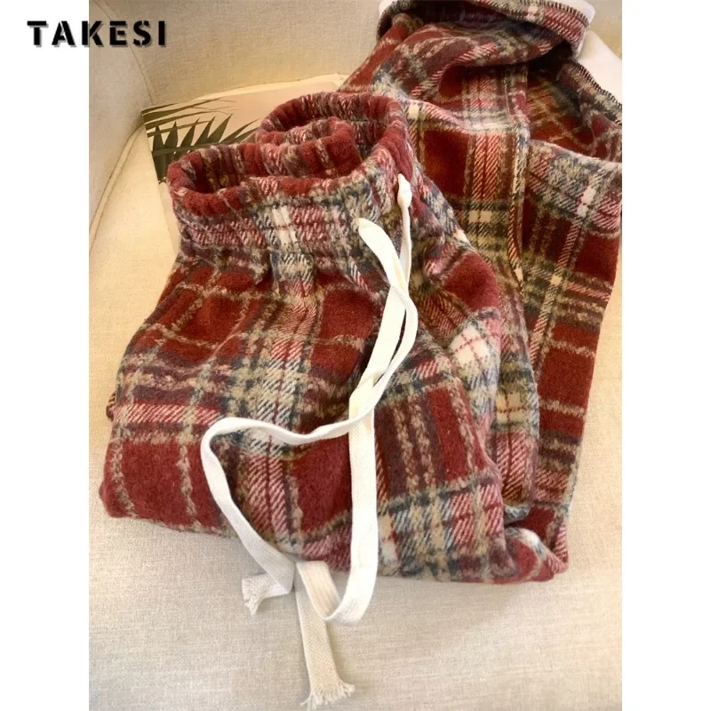 

Женские брюки в клетку с завышенной талией, повседневные Прямые брюки с широкими штанинами, свободные винтажные длинные брюки с кулиской, зима 2023