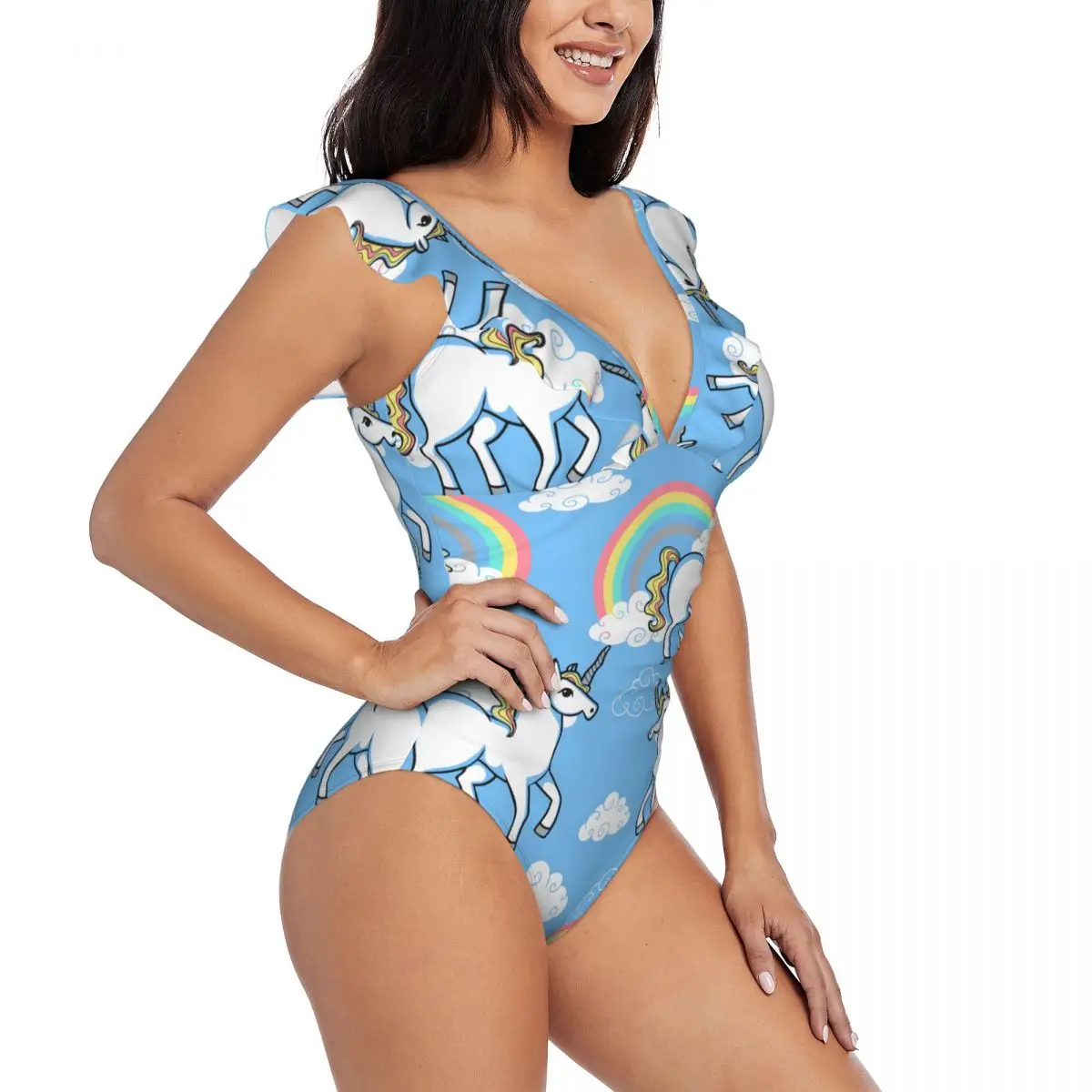 

Ruffled One-piece Swimsuit Women Cartoon Unicorn With Rainbow And Clouds Sexy Lace Up Monokini Swimwear Girl Beach Bathing Suit