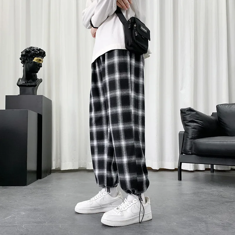 Spring Autumn Men's Black White Checkered Pants Thin Pure Cotton Drape Sports Casual Trousers Loose Straight Tube Wide Leg Pants