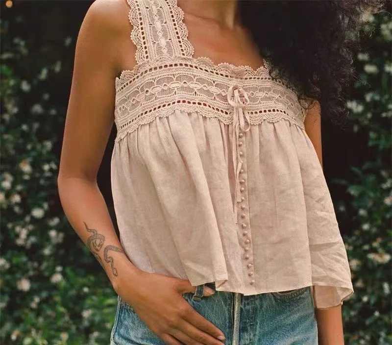 

Women Lace Embroidery Stitching Sling Top Cotton Vest Tank Top