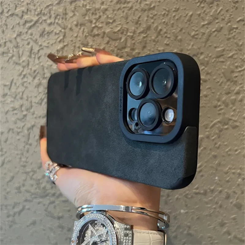 Luxury Shockproof Matte Leather Phone Case with Full Lens Protection
