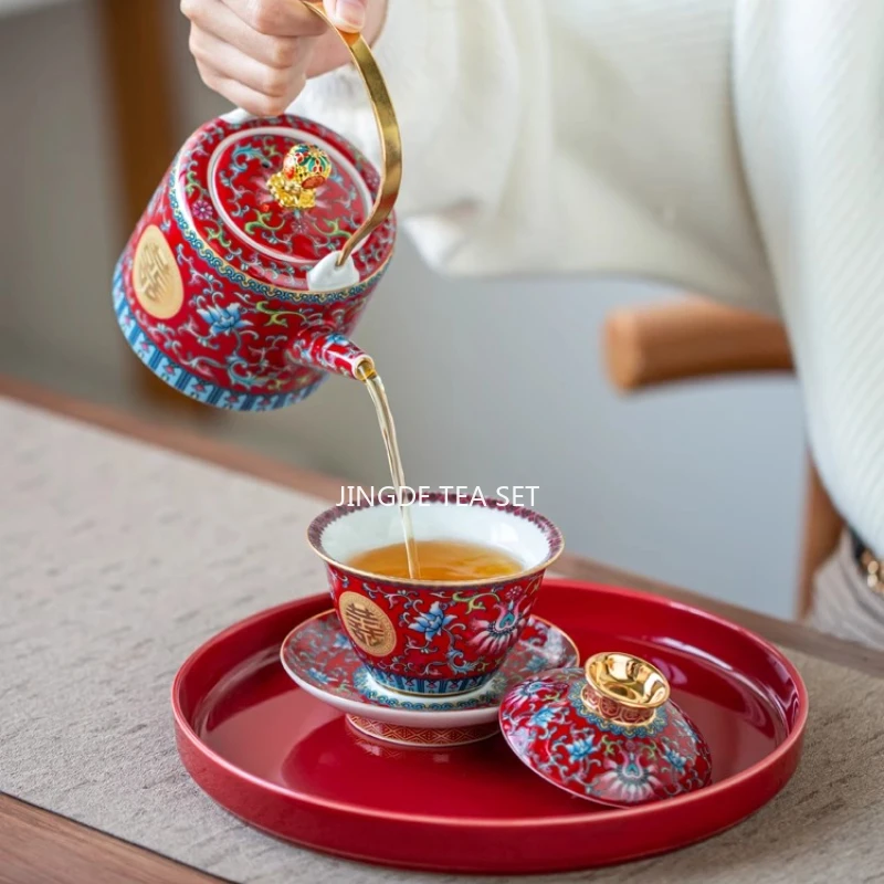 Chinese Retro Style, Chinese Red Wedding Tea Set, Enamel Ceramic, Xi Printed, Bringing Joy and Auspiciousness Gaiwan Tea Set