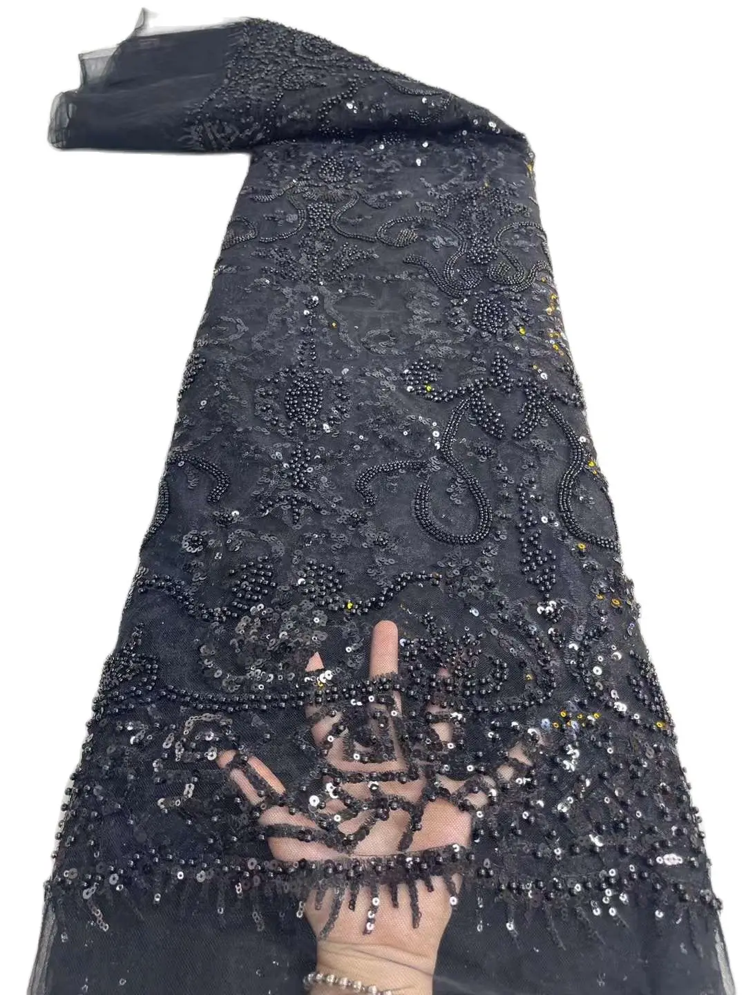 

Dark Blue Embroidered Design African Material French Lace Fabric with Beads Sequins H-24.82602 for Lady Party or Wedding Dress