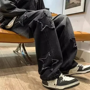 2025 New Fashion Stars Towel Embroidery Brown Men Jeans Pants Y2K Clothes Straight Hip Hop Cotton Trousers Pantalon Homme 1