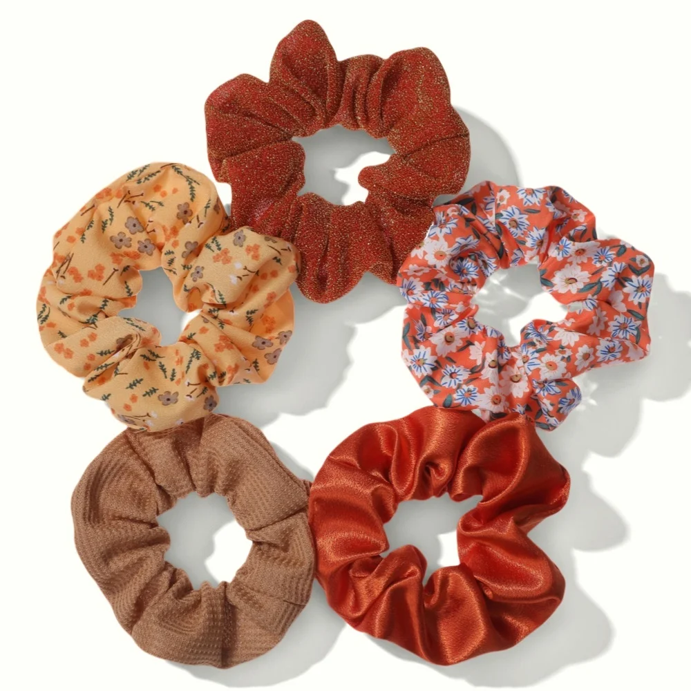 Floral & Leopard Print Hair Scrunchies Set - Pack of 5, No-Crease Elastic Ponytail Holders in Pink & Purple