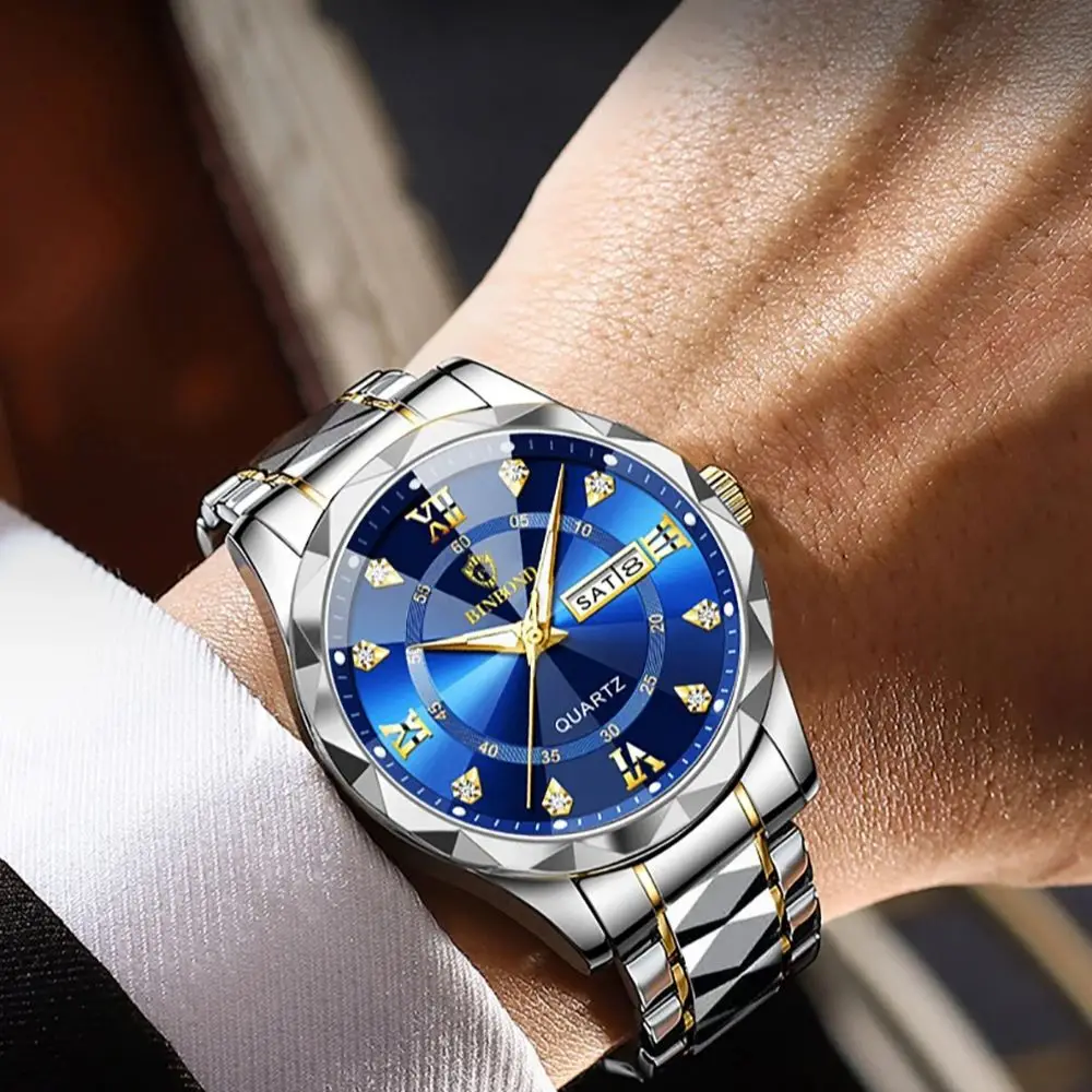Luxury Top Brand Man Wristwatch Waterproof Luminous Date Week Men Watches Stainless Steel Quartz Men's Watch With Bracelet+Box