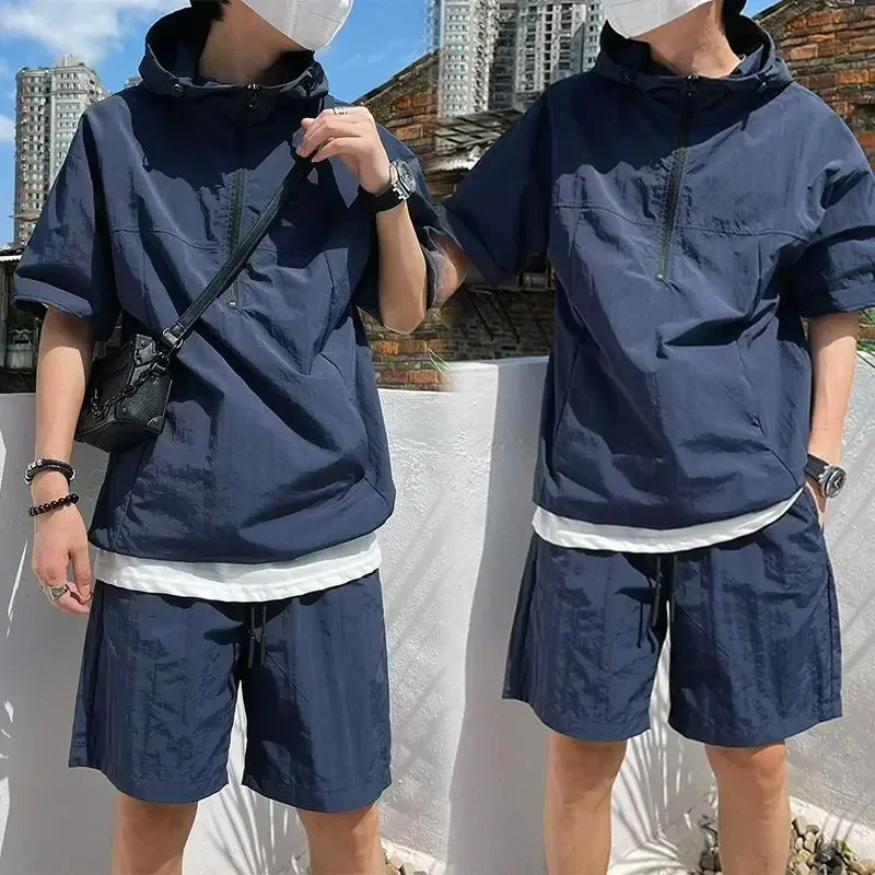 Sweater Set Summer Cargo Style Men's Casual Hooded Solid Short Sleeve T-shirt Shorts Loose Fashion