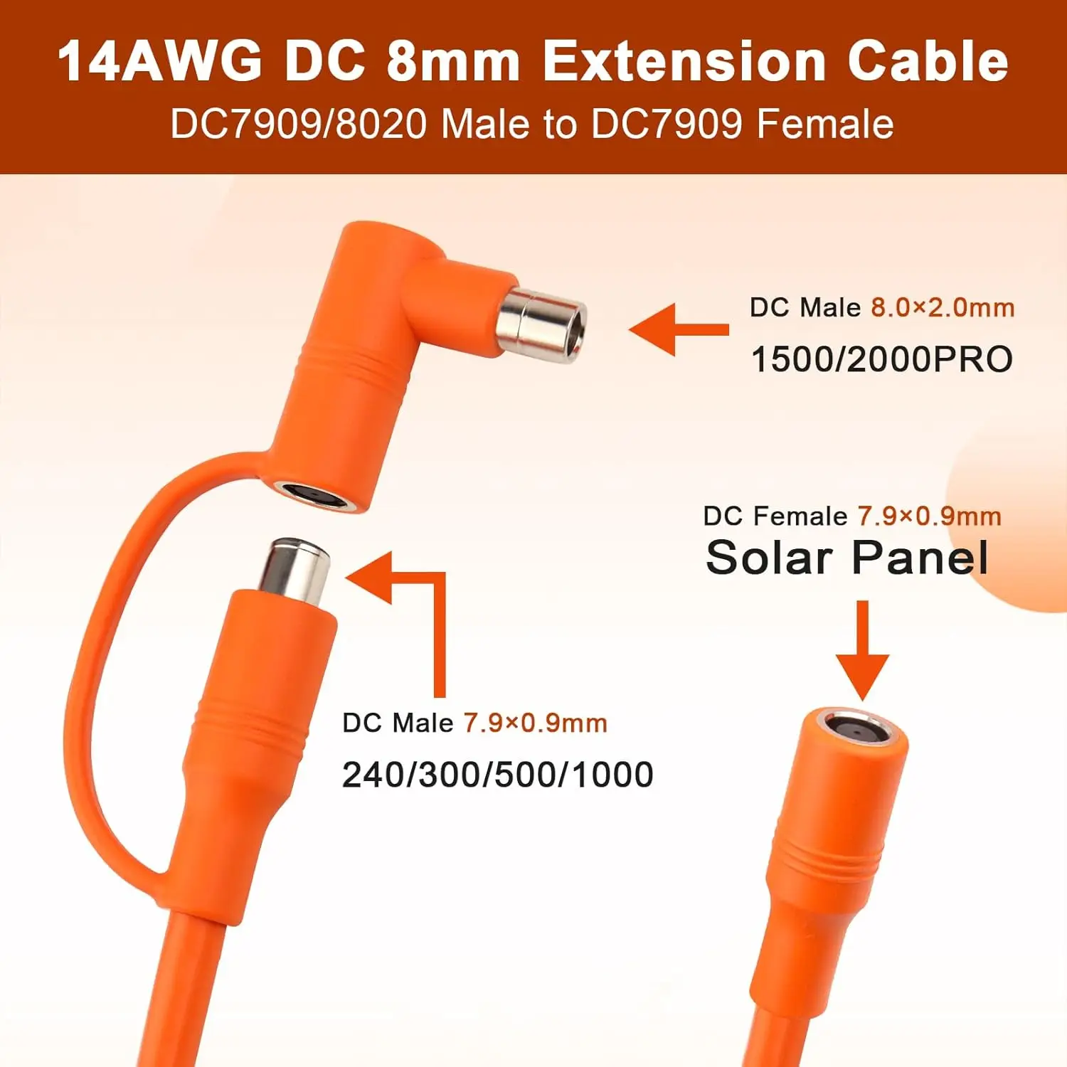 25FT 14AWG DC 8mm 태양광 연장 케이블, DC7909 여성형에서 DC8020 남성형 어댑터