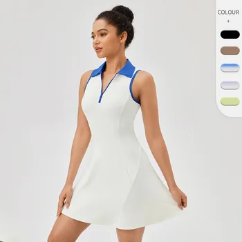 Lapel one-piece tennis dress for women quick-drying breathable waist-cinching and color-blocking sports casual and fitness dress