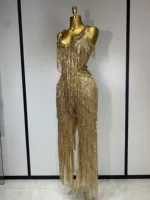 Women Sparkly Glod Rhinestones Sequined Fringe jumpsuit Sexy Nightclub Party Birthday Outfit Show Singer Stage Perform Costume - Image 2