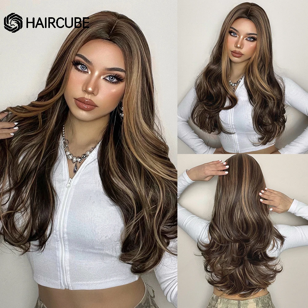 

HAIRCUBE Long Wavy Brown Wigs With Highlights Heat Resistant Synthetic Wigs for Black Women Cosplay Middle Part Natural Hair Wig